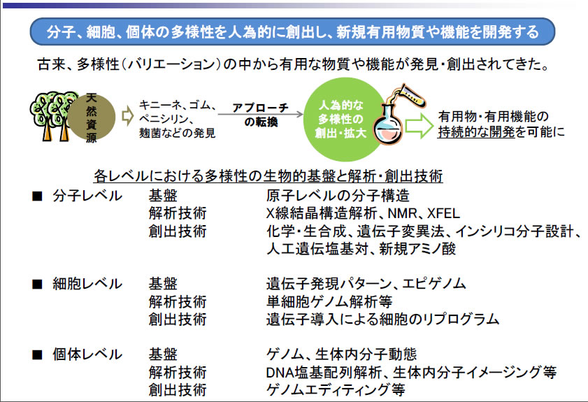 分子、細胞、個体の多様性を人為的に抽出し、新規有用物質や機能の開発をめざしています